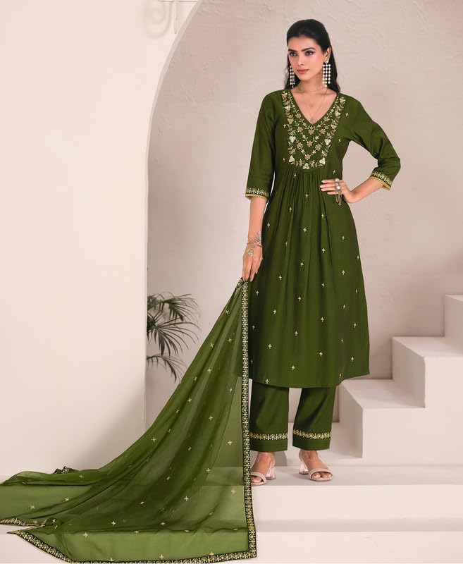 Olive Green Kurta Pant Set with Dupatta | Elegant Embroidered Ethnic Wear for Women