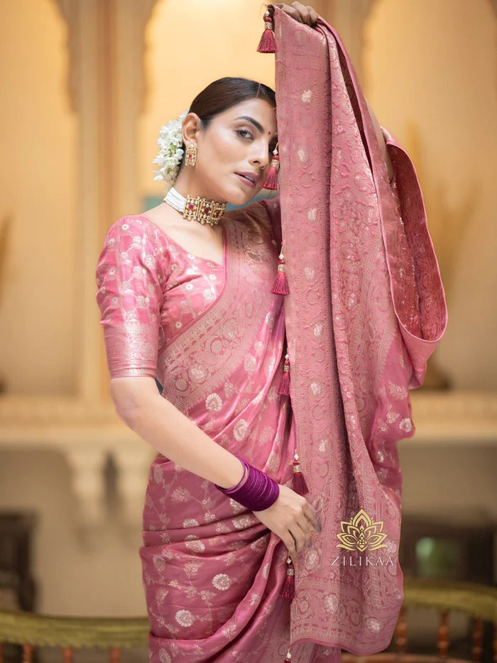 Dusty Rose Peach Silk Saree with Gold Zari Work