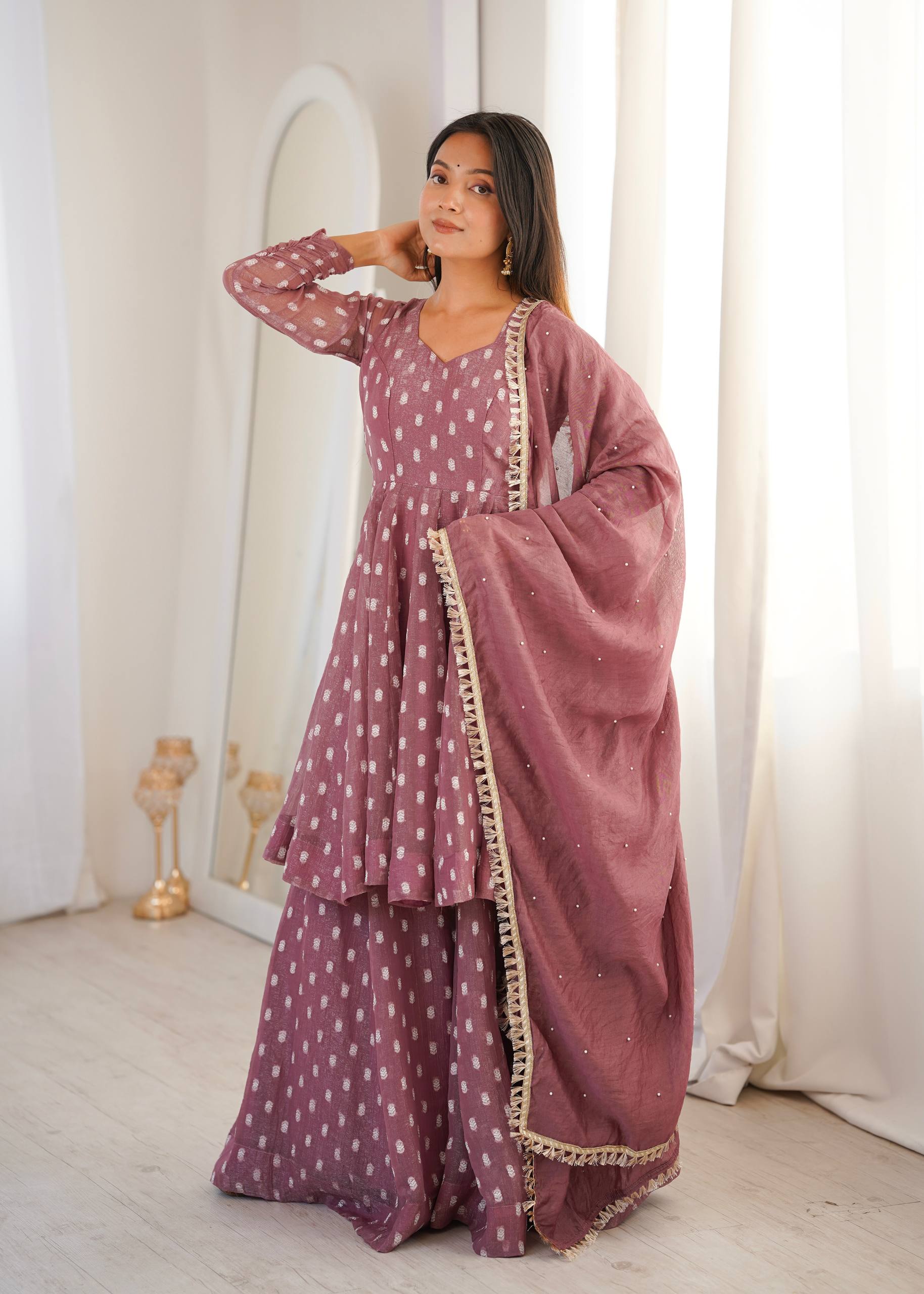 Organza Jaal Print Peplum Sharara Suit Set with Fringe Lace Dupatta