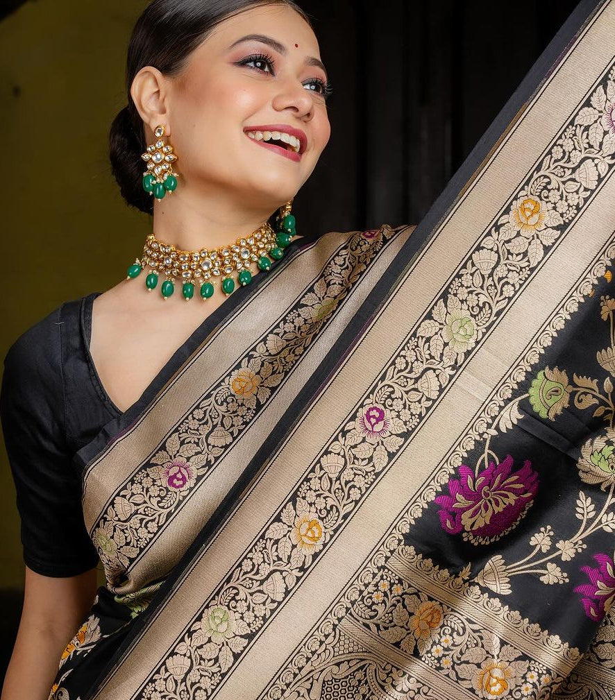 Black Silk Saree with Multicolor Floral Zari Work & Rich Border