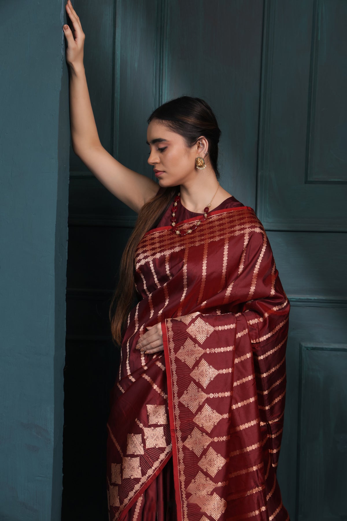 Maroon Silk Saree with Gold Zari Work