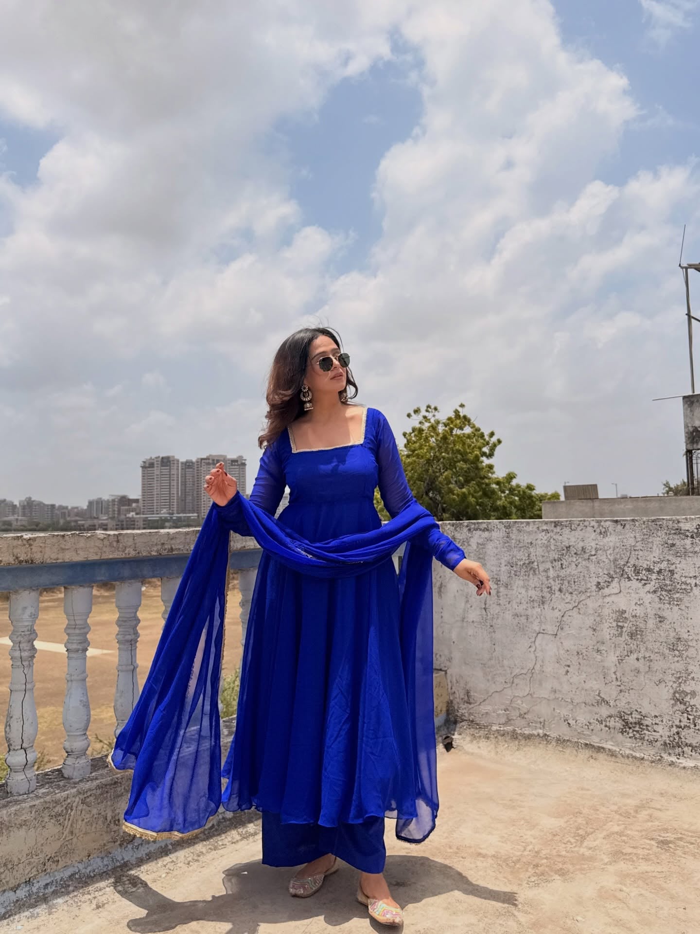 Royal Blue Georgette Anarkali Suit Set with Gold Border Dupatta
