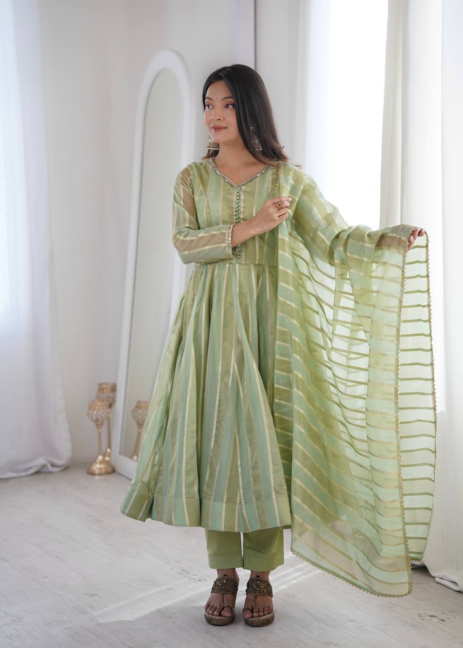 Striped Chanderi Silk Anarkali Suit Set with Leheriya Striped Dupatta & Pants