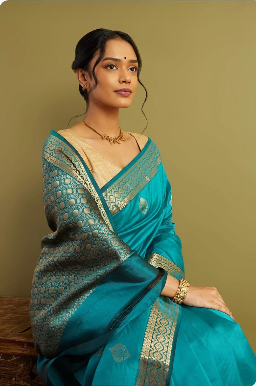 Teal Blue Banarasi Silk Saree with Gold Zari Border