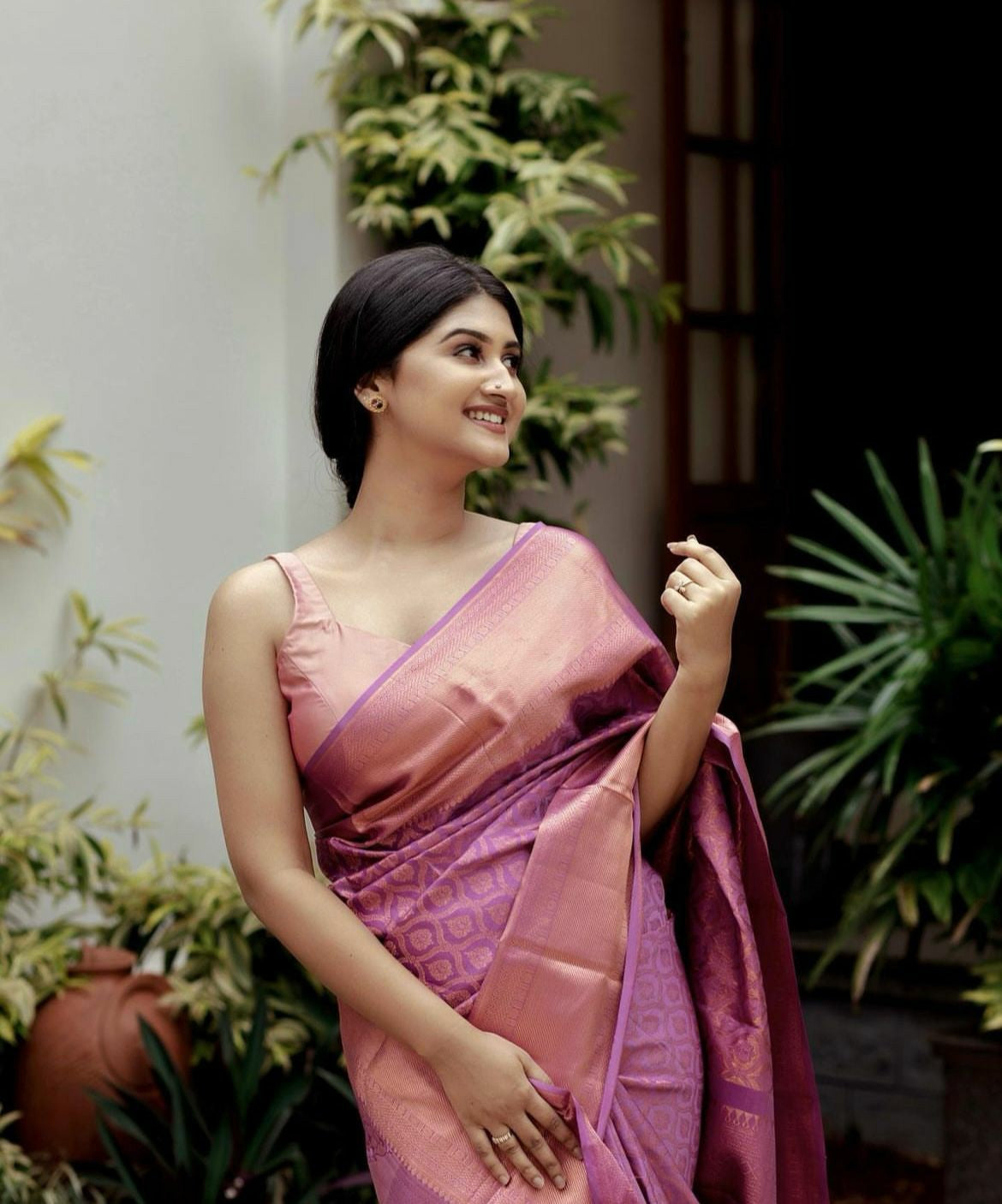 Pink Silk Saree with Purple Zari Border