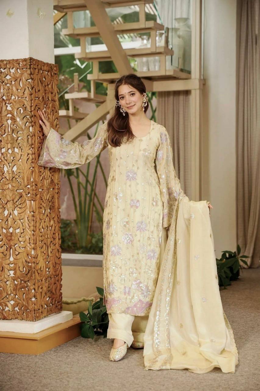 Ethereal Cream & Pastels Sequined Floral Embroidered Silk Kurta with Wide Palazzo Pants & Embellished Dupatta Set for Women