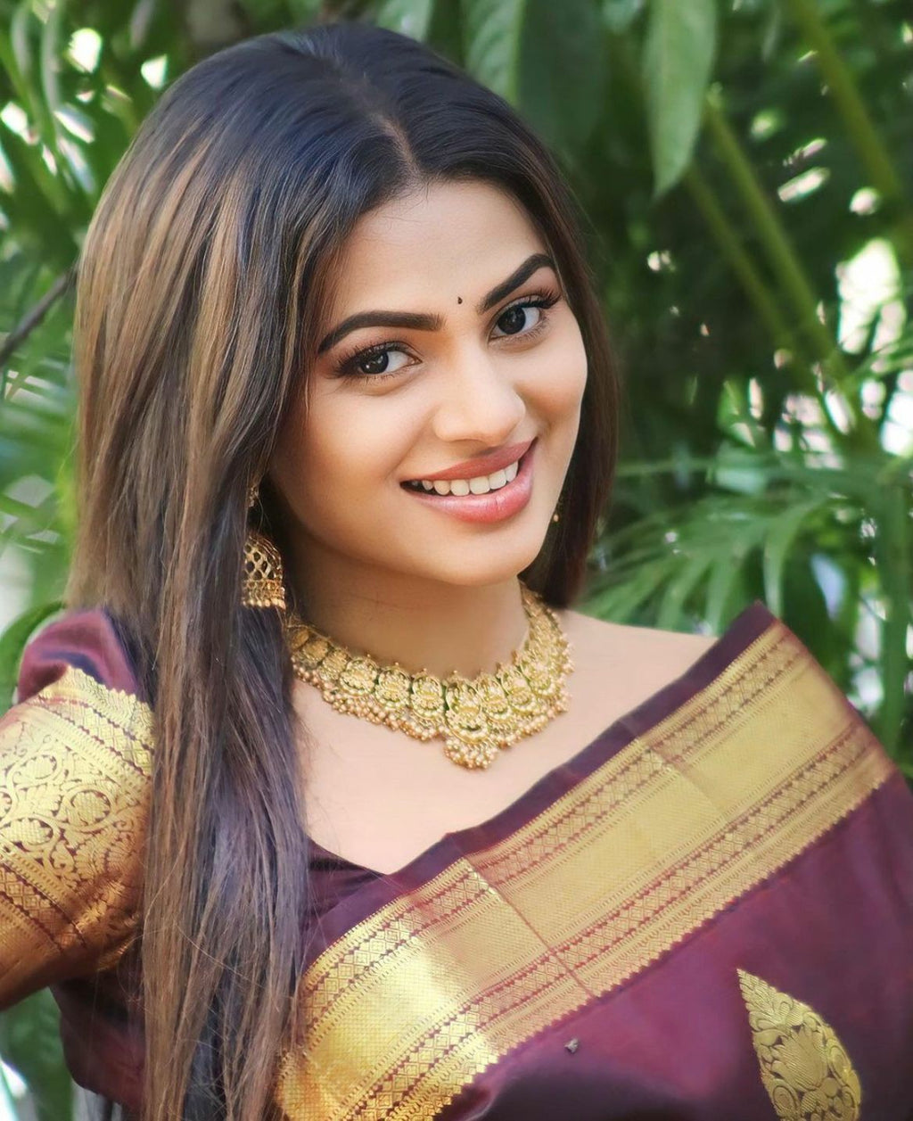 Wine Silk Saree with Gold Zari Border