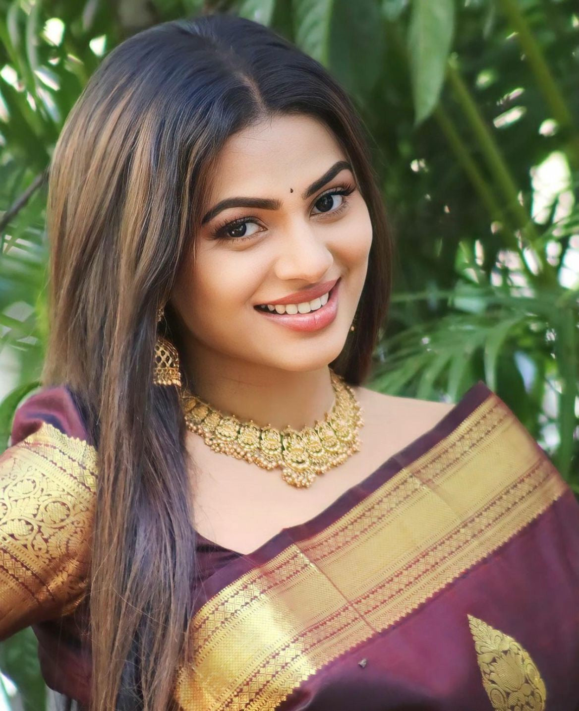 Wine Silk Saree with Gold Zari Border