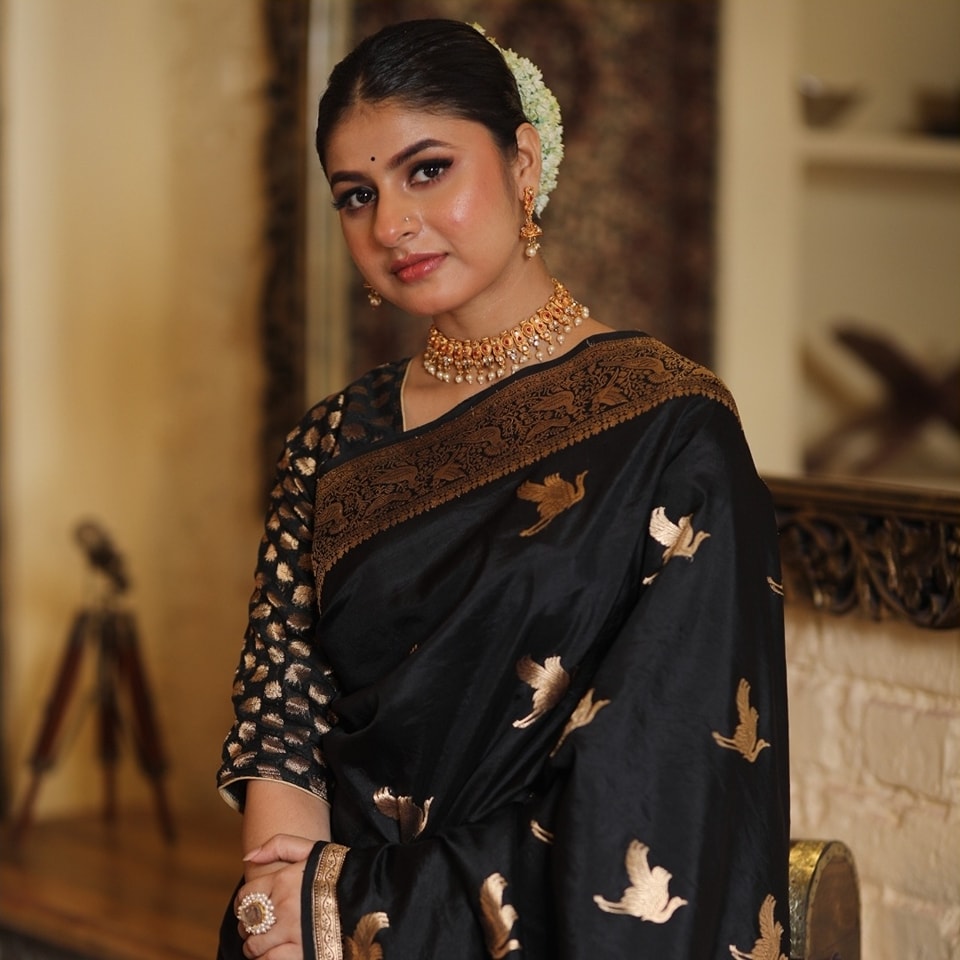 Black Silk Saree with Gold Bird Motifs