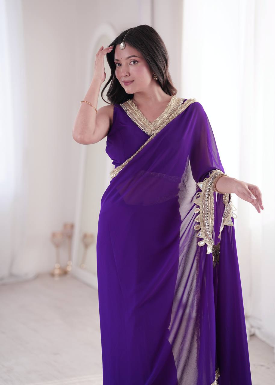 Purple Georgette Kaftan Saree with Heavily Embroidered Neck Collar