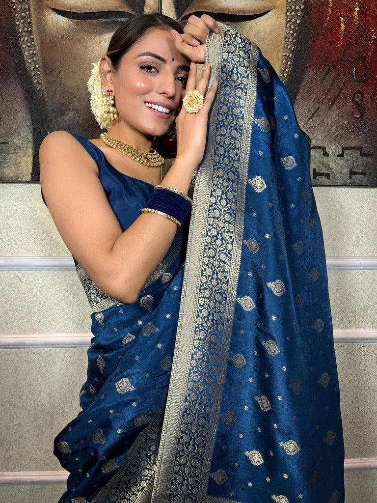 Steel Rama Silk Saree with Gold Zari Work