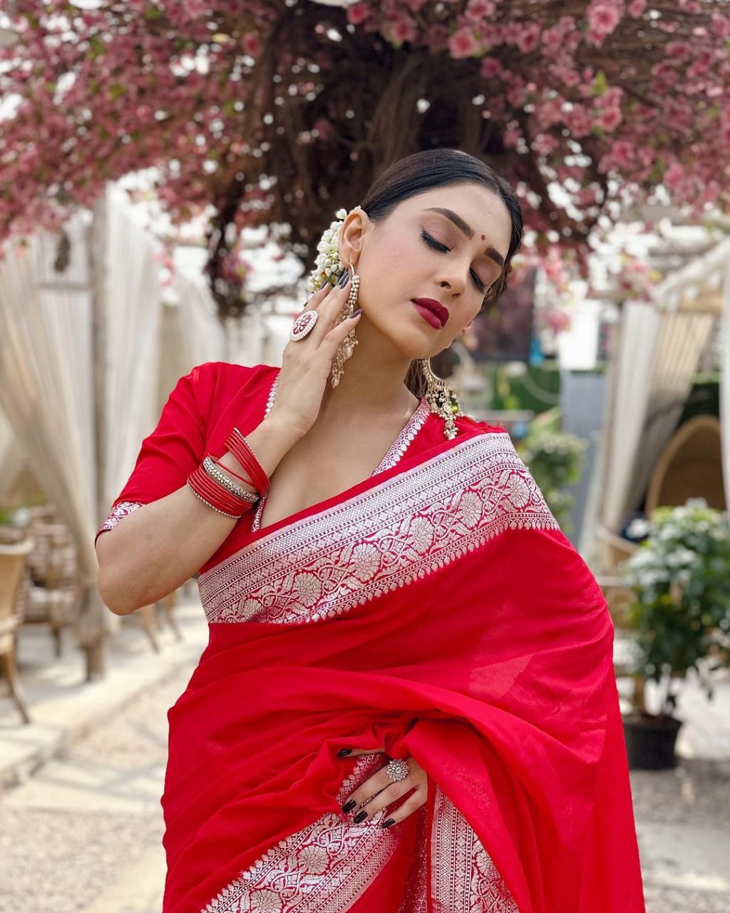 Bright Red Silk Saree with Silver Zari Border