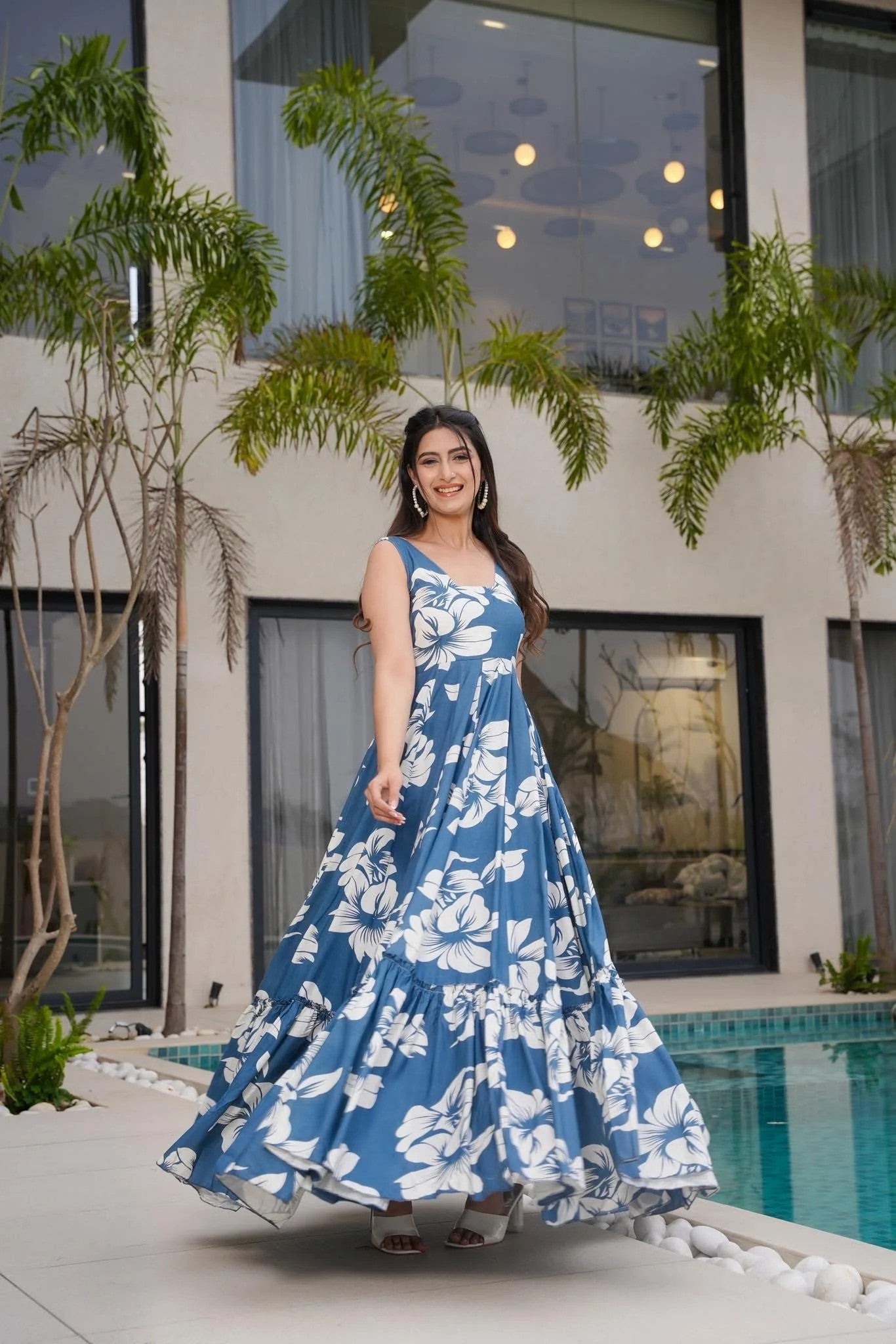 Blue Floral Maxi Dress for Women | Sleeveless Flared Long Dress