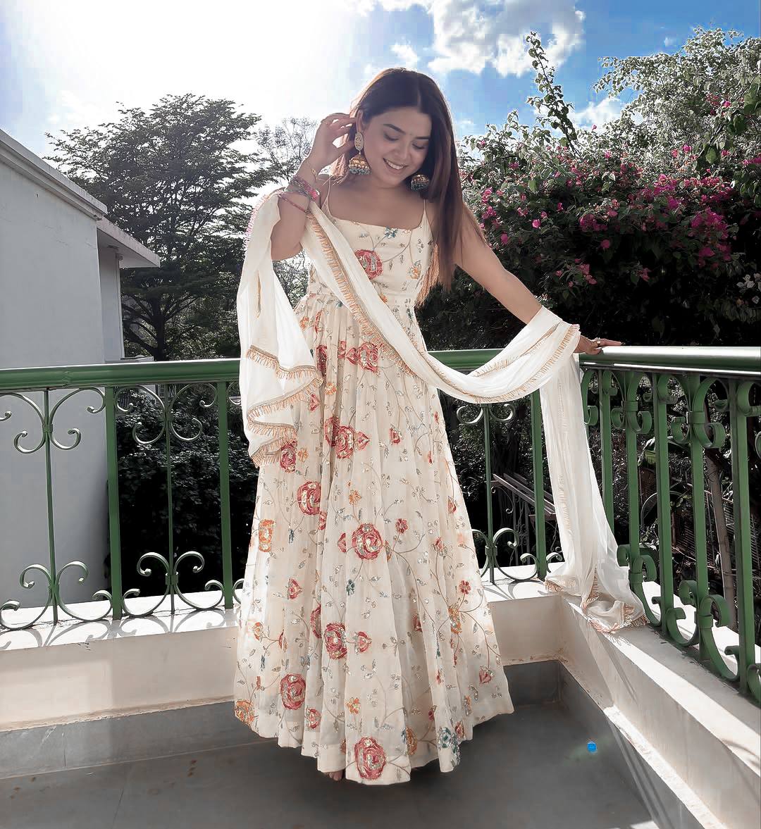 Off-White Floral Threadwork & Sequin Embroidered Strappy Anarkali Gown with Solid Dupatta Set for Women