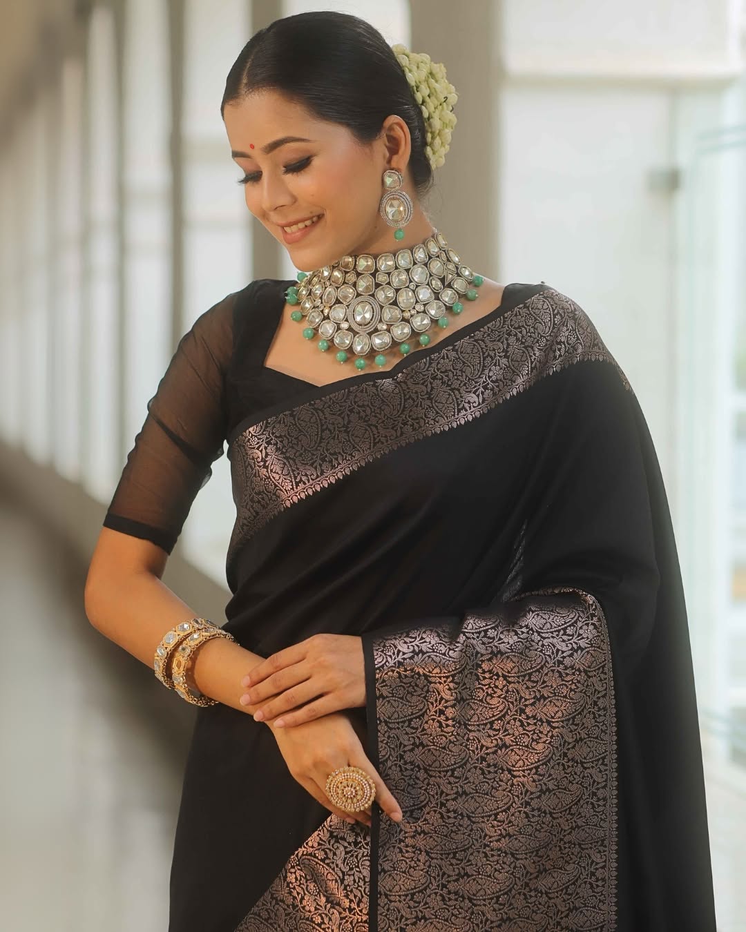 Black Silk Saree with Rose Gold Zari