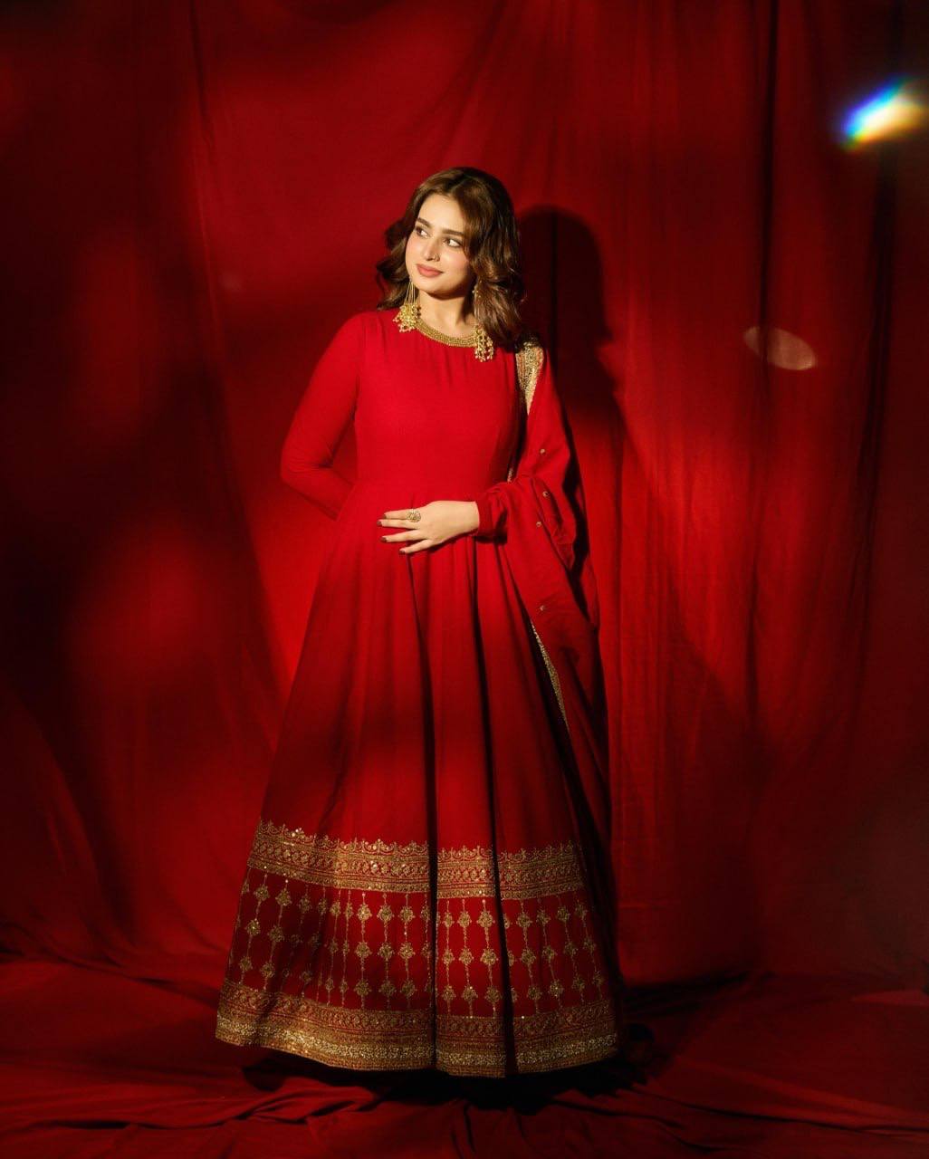 Regal Crimson Red Georgette Anarkali Gown with Heavy Gold Embroidered Border & Bordered Dupatta Set for Women