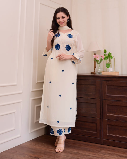 Graceful White Kurta Set with Blue Floral Accents