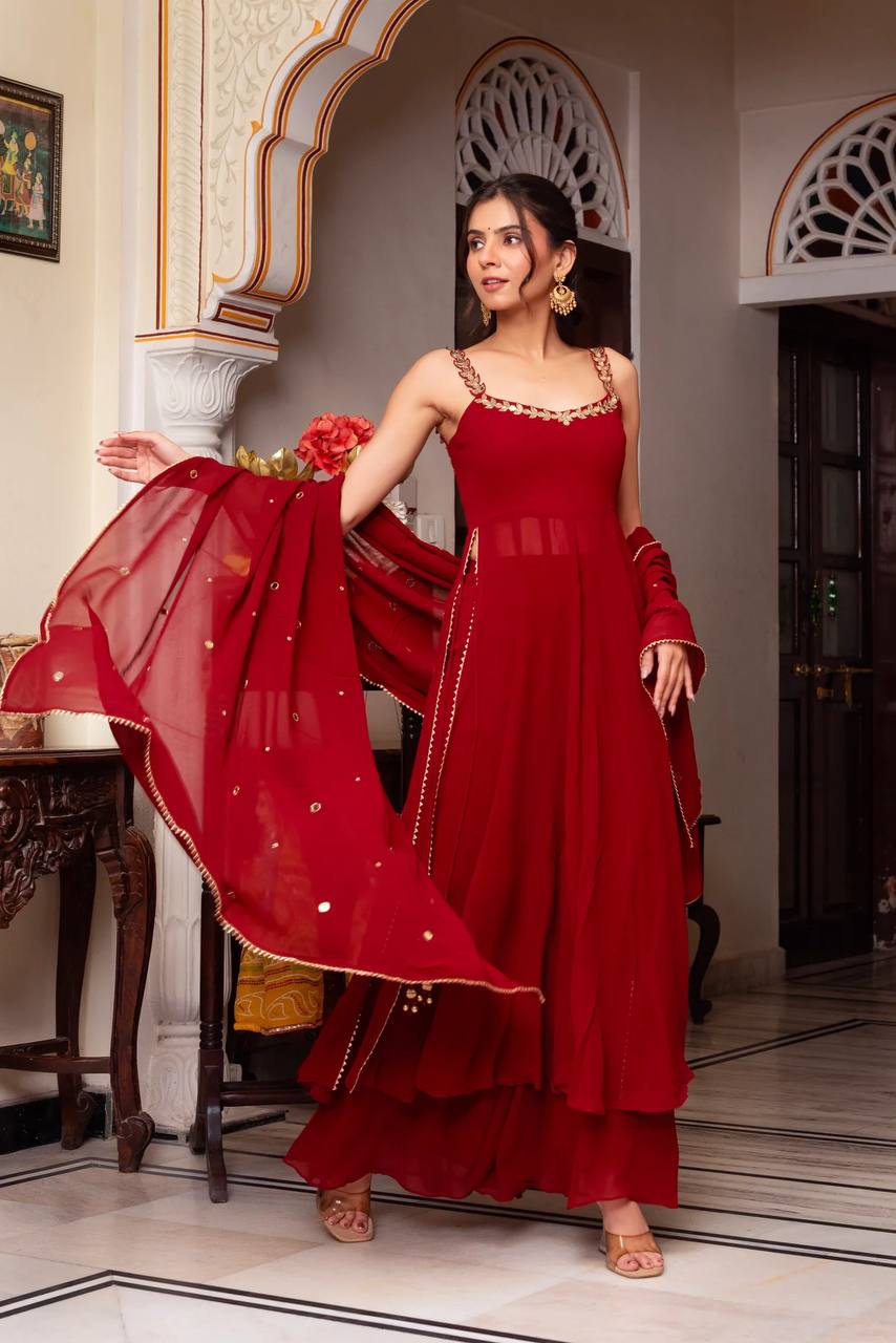 Royal Deep Red Strappy Georgette Anarkali Kurti with Flared Bottoms & Gold Embroidered Dupatta Set for Women