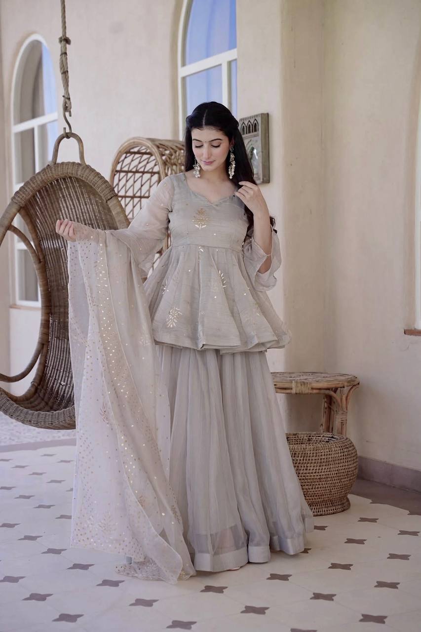 Sophisticated Grey Organza Peplum Kurti with Sharara & Sequined Dupatta Set for Women