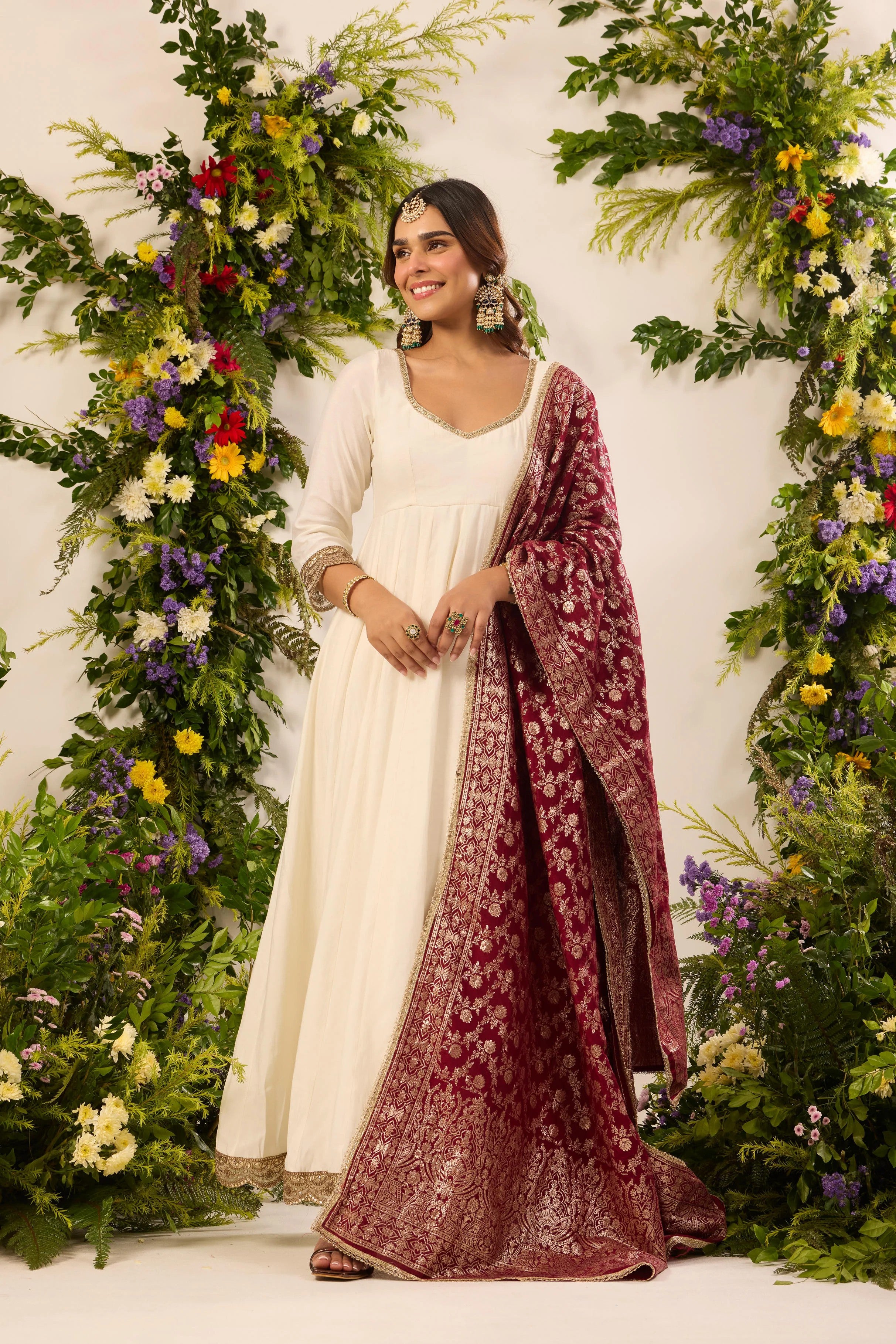Off-White Anarkali Suit Set with Embroidered Border & Heavy Banarasi Zari Woven Dupatta