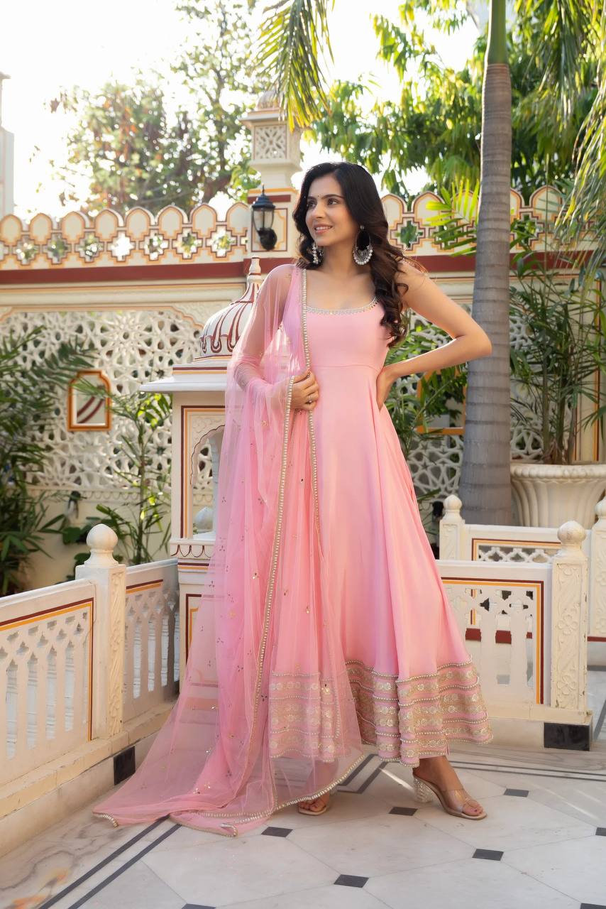 Graceful Baby Pink Georgette Flared Anarkali Kurti with Gota Patti Hem & Net Dupatta Set for Women