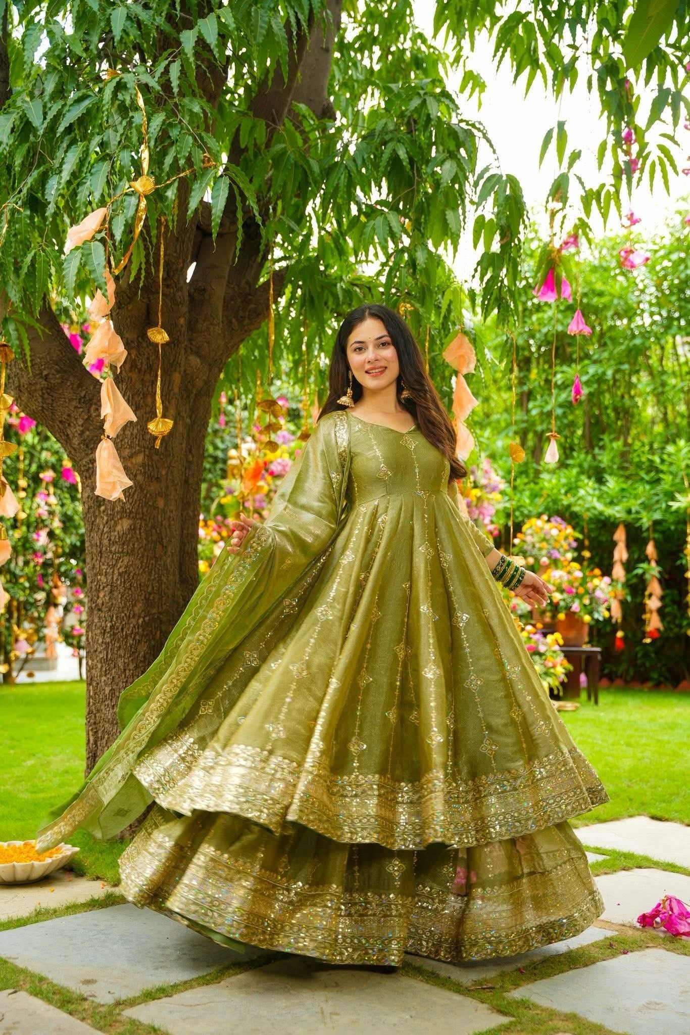Designer Olive Green & Pink Tissue Organza Embroidered Anarkali Suit Set with Flared Lehenga Skirt & Dupatta for Women