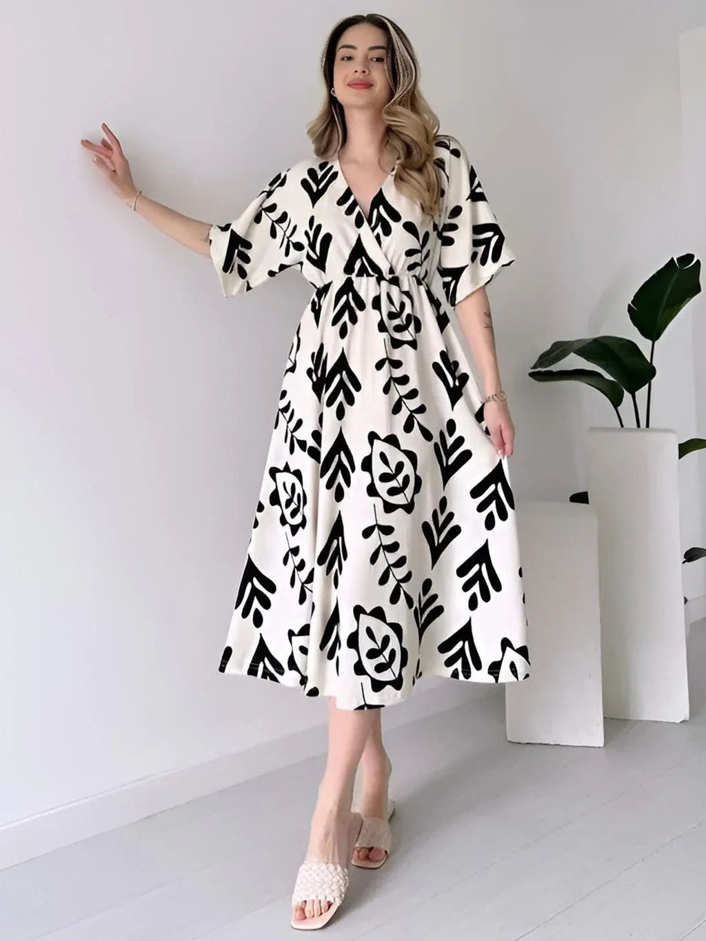 Classic White Dress with Black Print