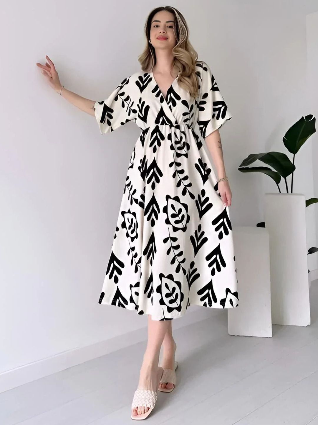 Classic White Dress with Black Print