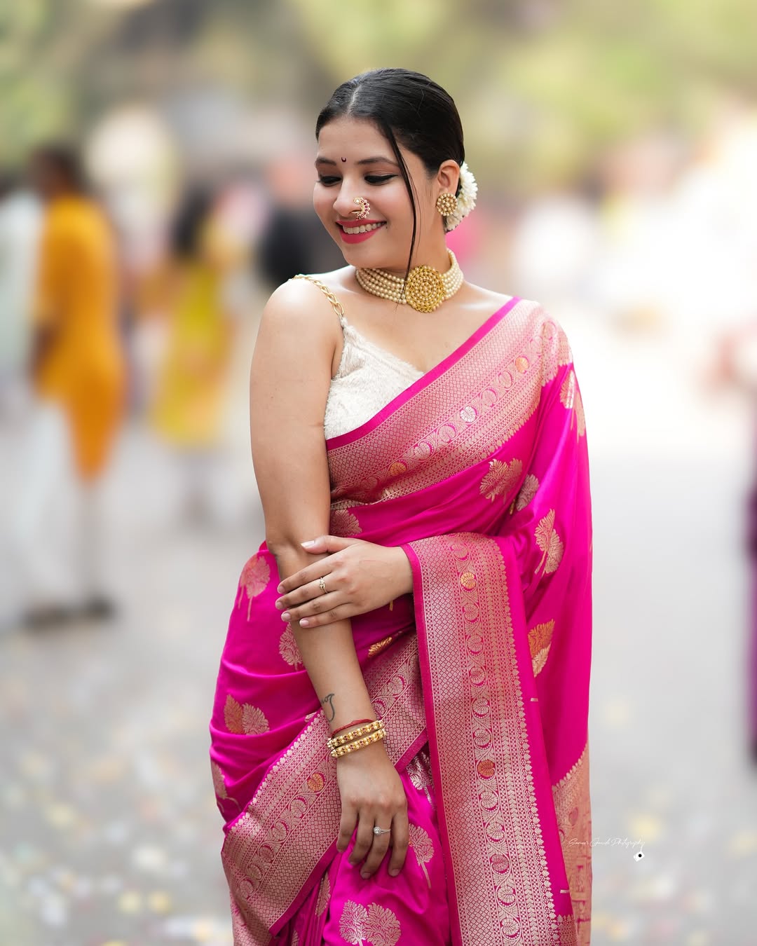 Bright Pink Silk Saree with Gold Zari Motifs