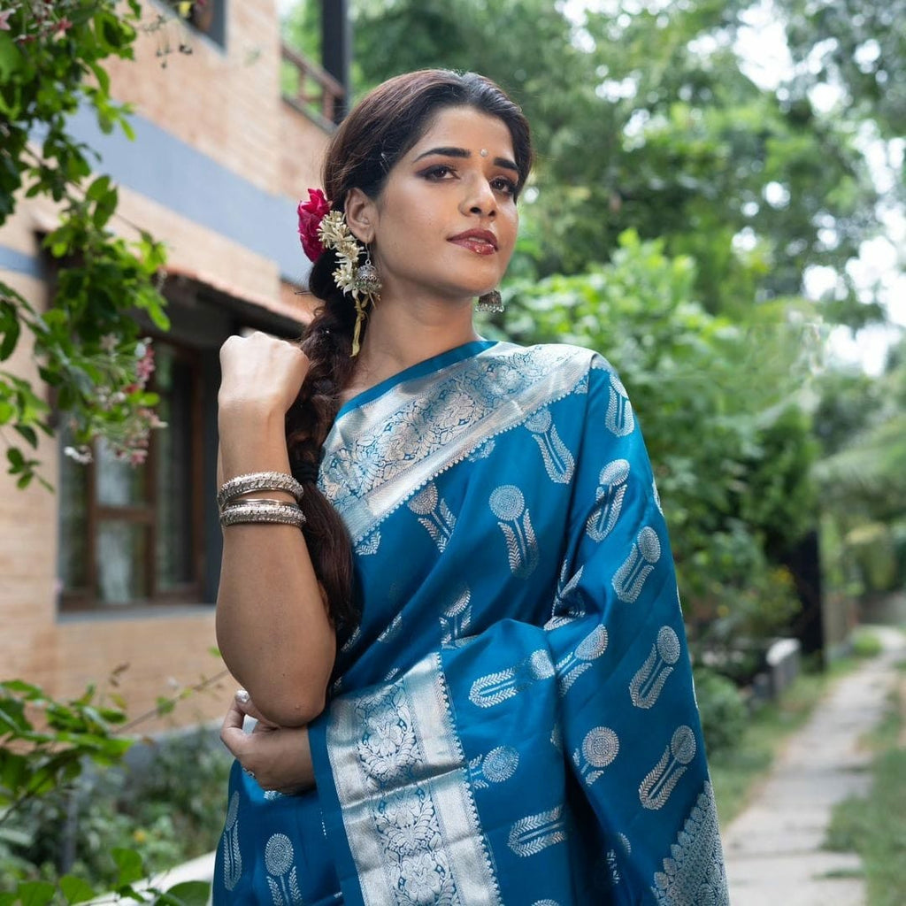 Turquoise Silk Saree with Silver Zari