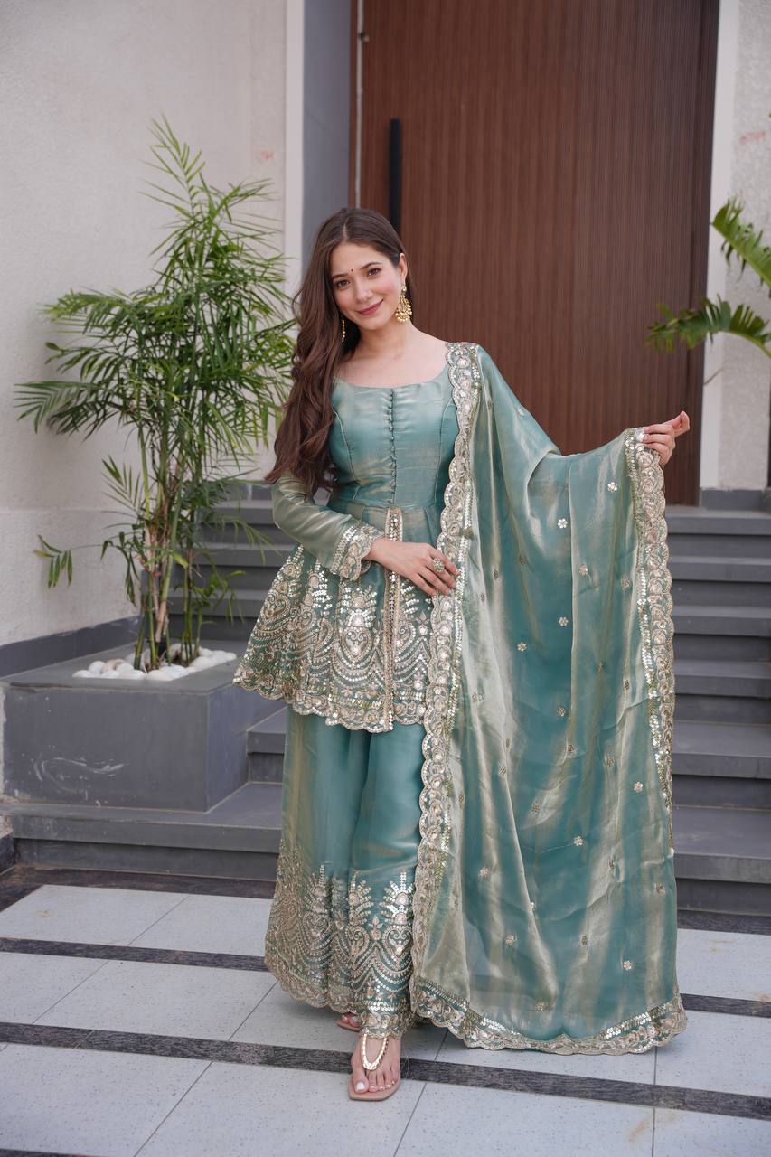 Heavily Embellished Tissue Silk Short Kurta Sharara Set with Organza Dupatta