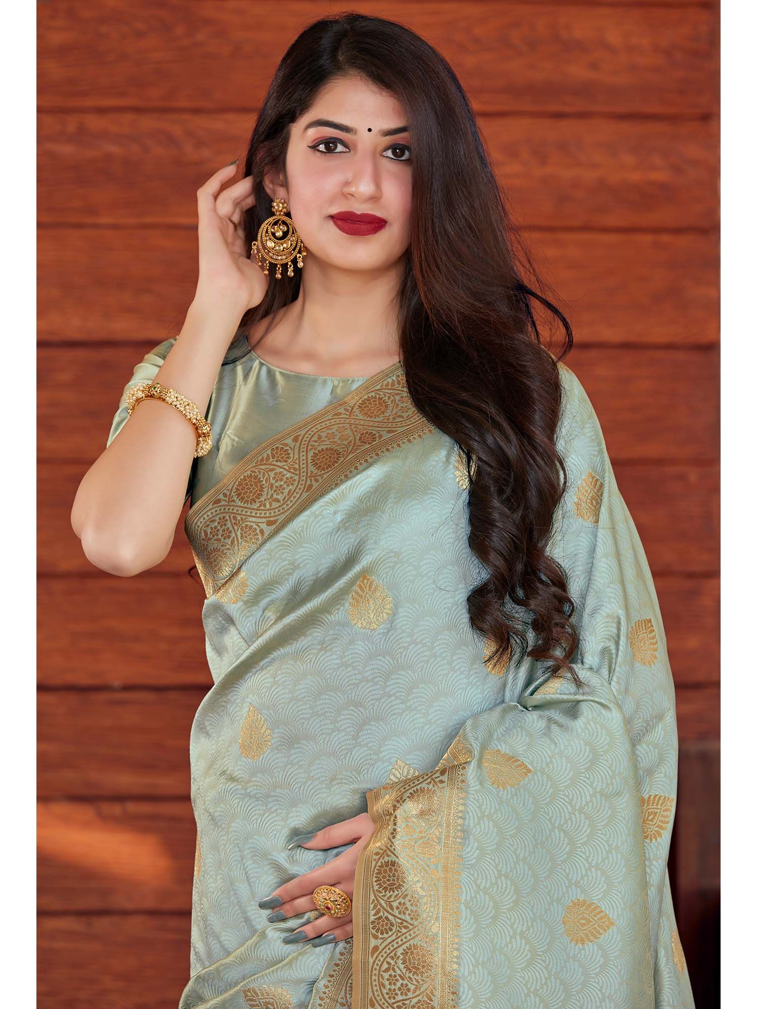 Pastel Mint Grey Silk Saree with Gold Zari Work