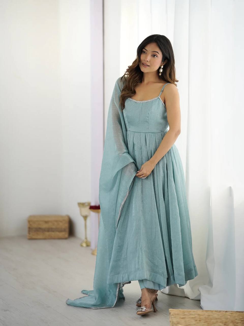 Ethereal Powder Blue Strappy Anarkali Kurti with Chooridaar & Light Sequined Tissue Dupatta Set for Women
