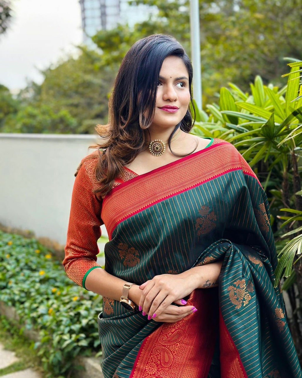 Dark Green Silk Saree with Red & Gold Border