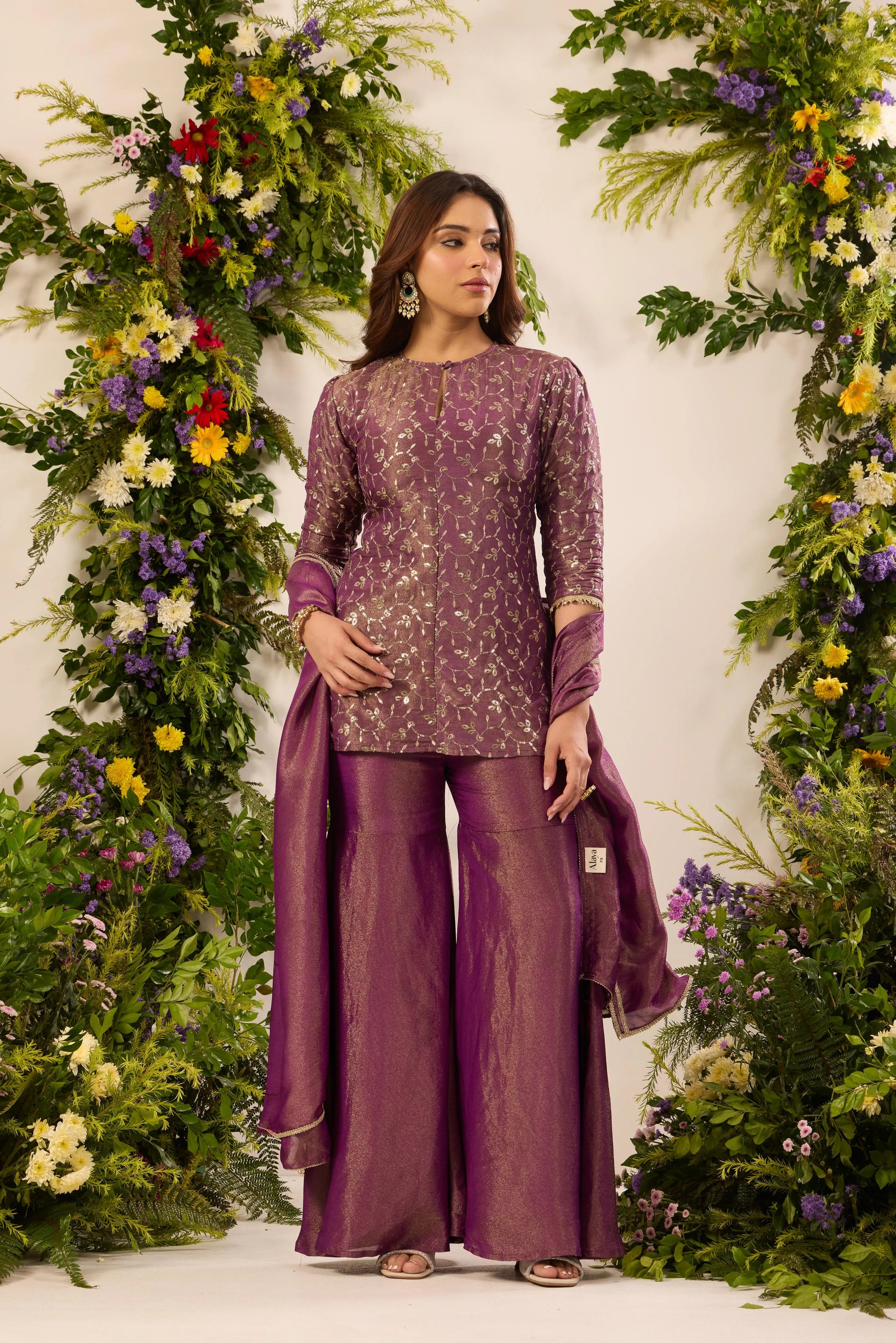 Elegant Purple Metallic Thread Embroidery Kurti with Wide-Leg Sharara Pants & Dupatta Set for Women