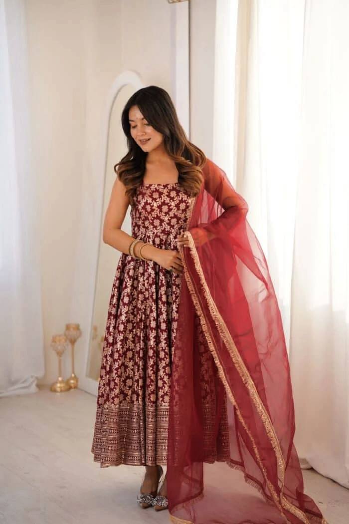 Rich Maroon Brocade Banarasi Jacquard Flared Anarkali Kurti with Sheer Organza Lace Dupatta Set for Women