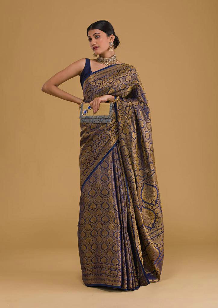 Navy Blue Banarasi Silk Saree with Gold Zari