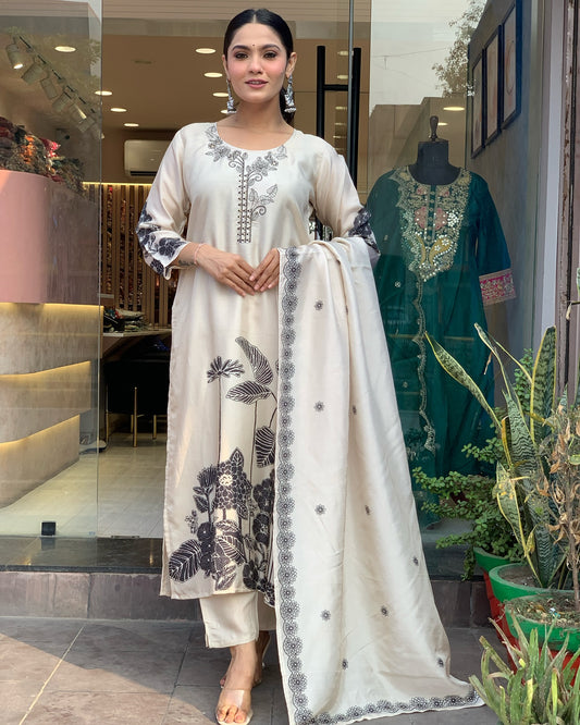 Graceful White Kurta Set with Black Floral Embroidery