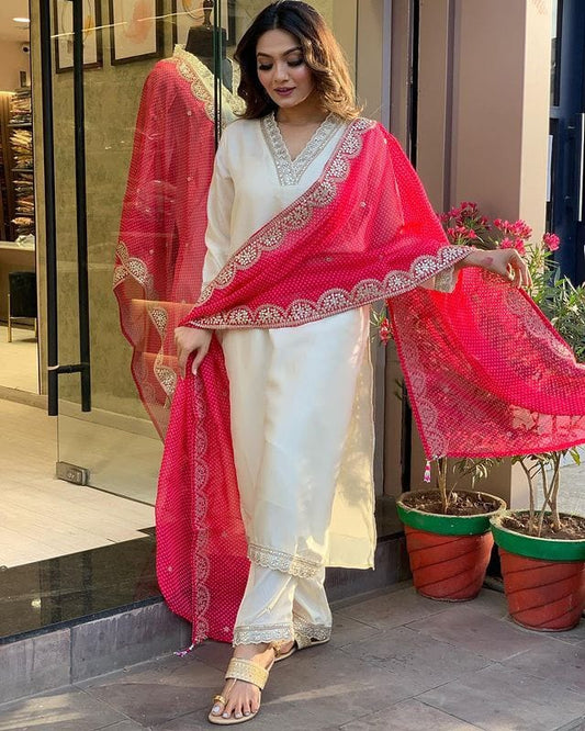 Pure White Kurta Accentuated with a Striking Scarlet Dupatta