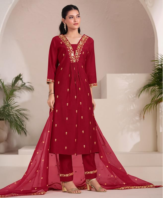 Red Embroidered Kurta Set with Dupatta for Women