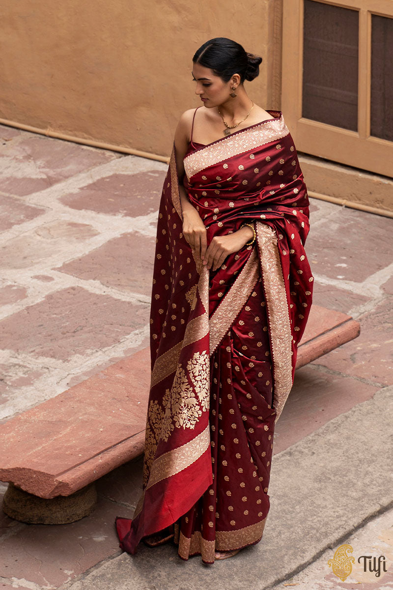 Deep Maroon Georgette Saree with Golden Embroidery