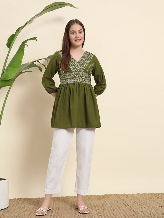 V neack Green Short Kurti For Women