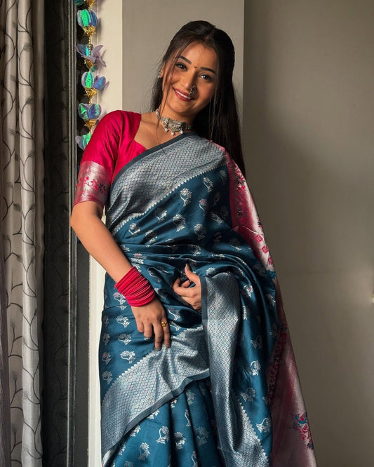 Teal Blue & Silver Kanjivaram Silk Saree
