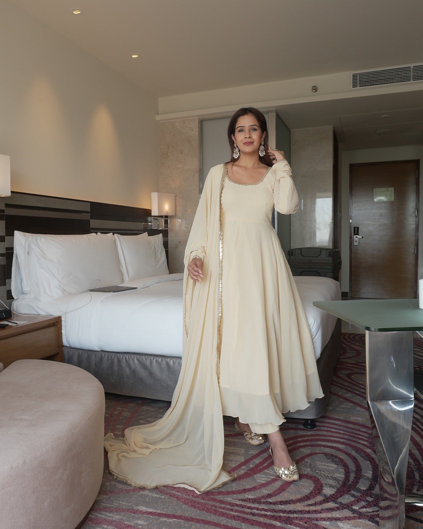 Cream Off-White Georgette Anarkali Suit Set with Mirror Border Dupatta