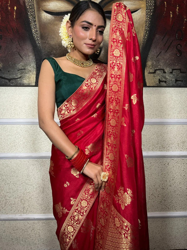 Classic Red Silk Saree with Gold Zari Work