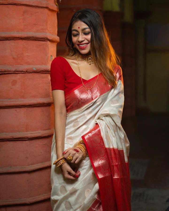 White Silk Saree with Red Border & Zari Work
