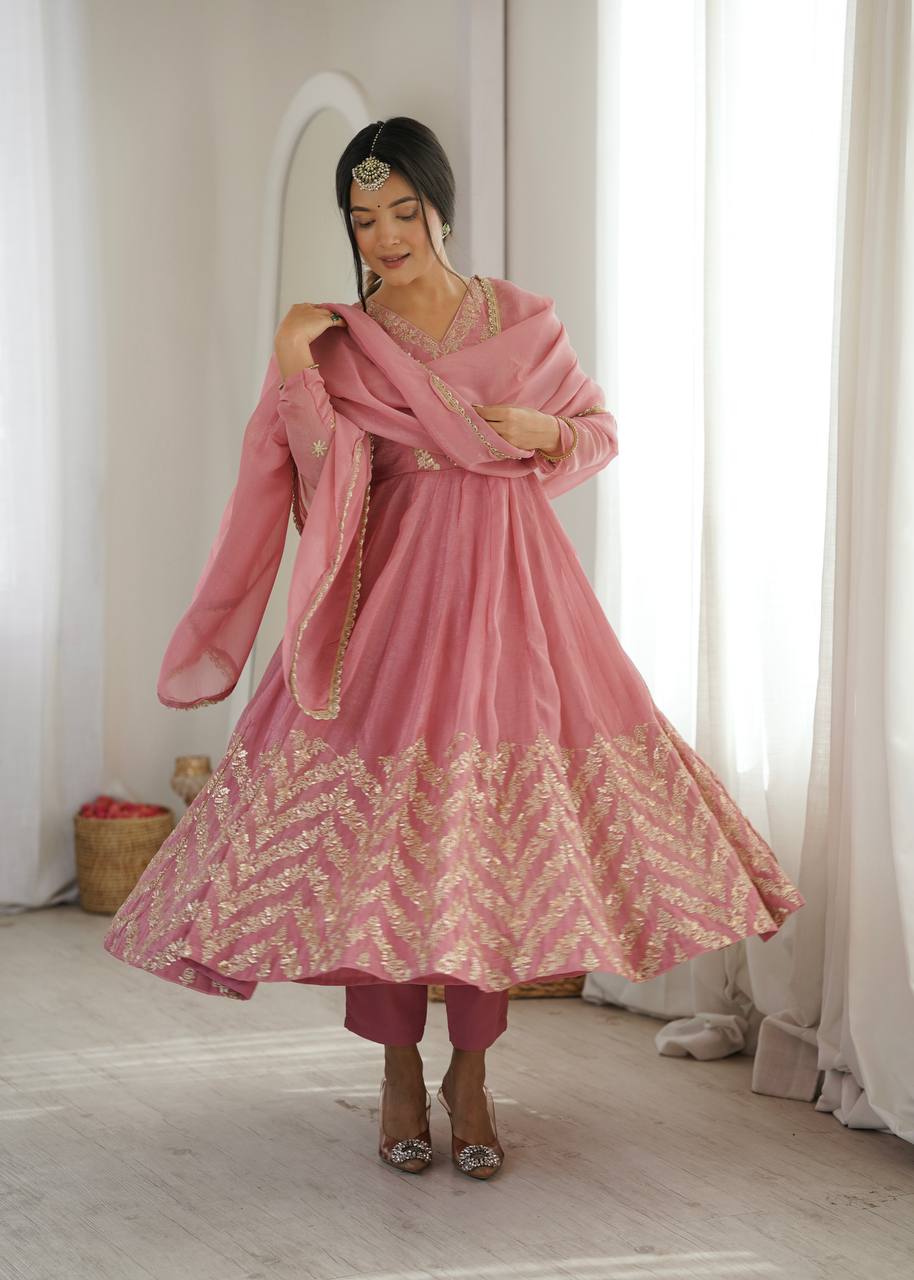Graceful Salmon Peach Chevron Sequins Embroidered Flared Anarkali Suit Set with Organza Dupatta for Women