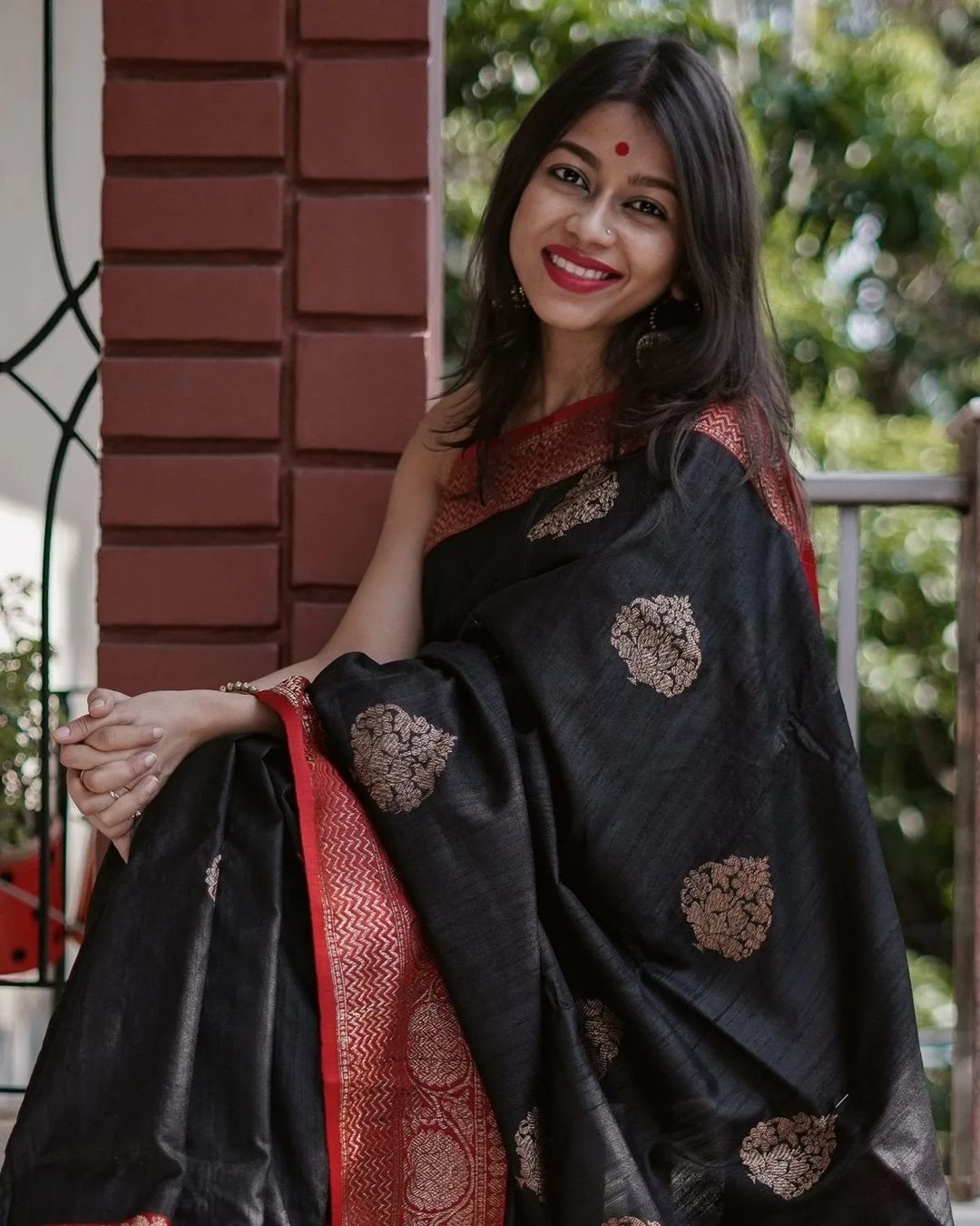 Black Silk Saree with Red & Copper-Gold Border