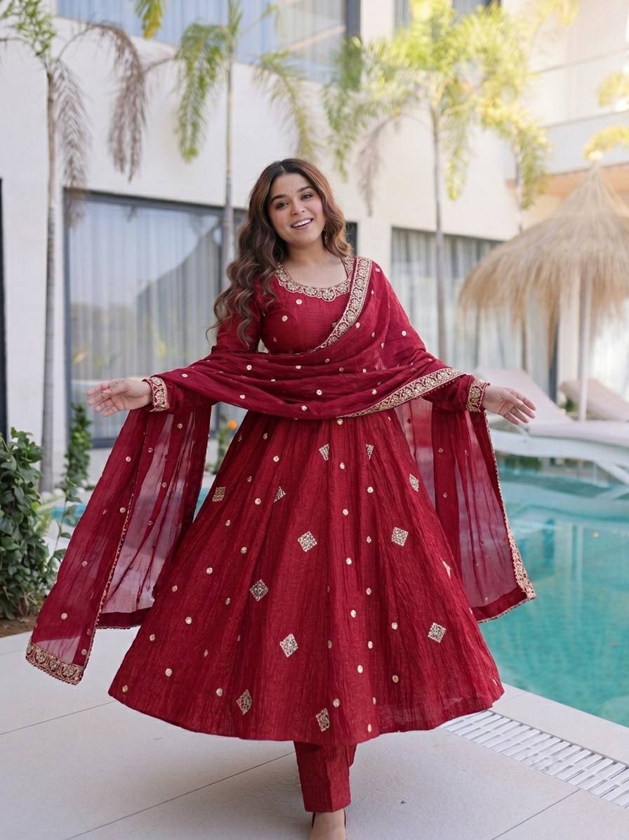 Maroon Red Embroidered Anarkali Suit Set with Dupatta & Pants