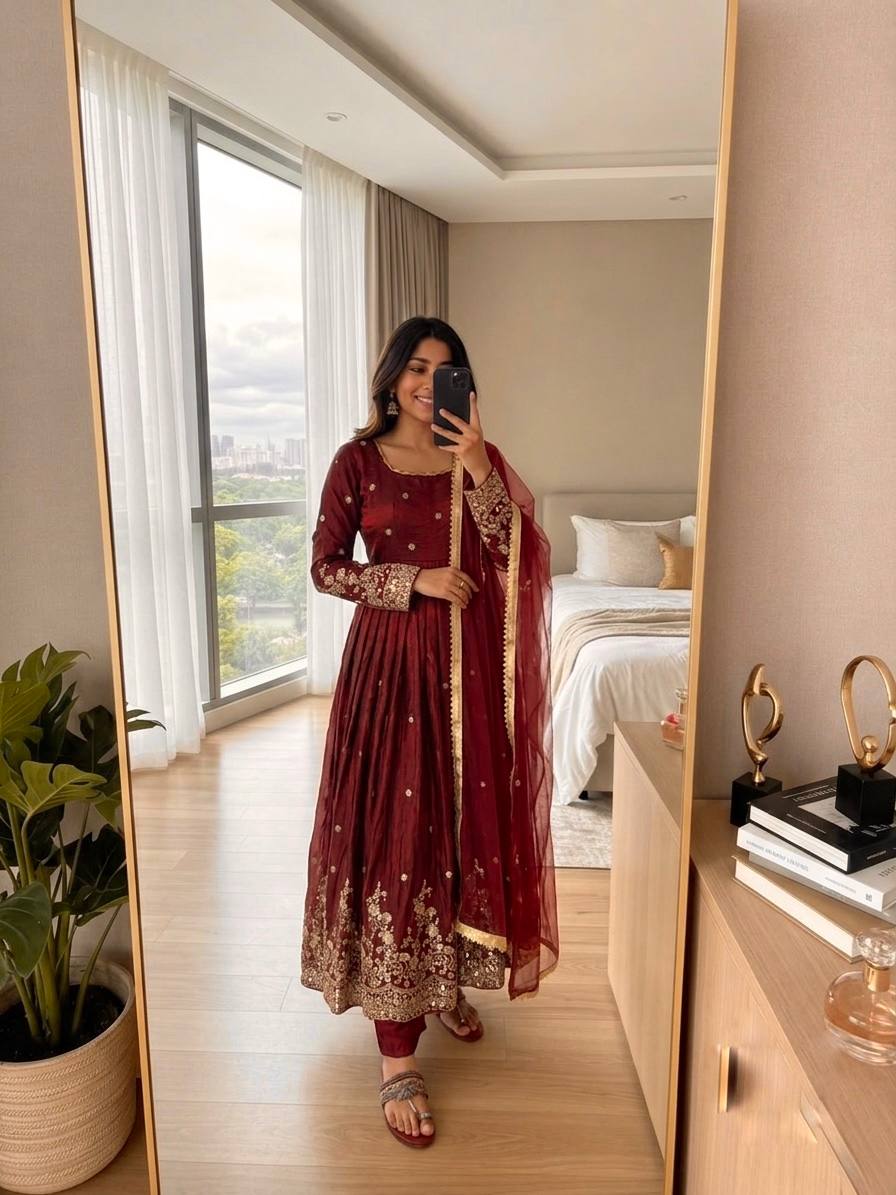 Regal Maroon Embroidered Tissue Silk Anarkali Suit with Zari Border Dupatta Set for Women